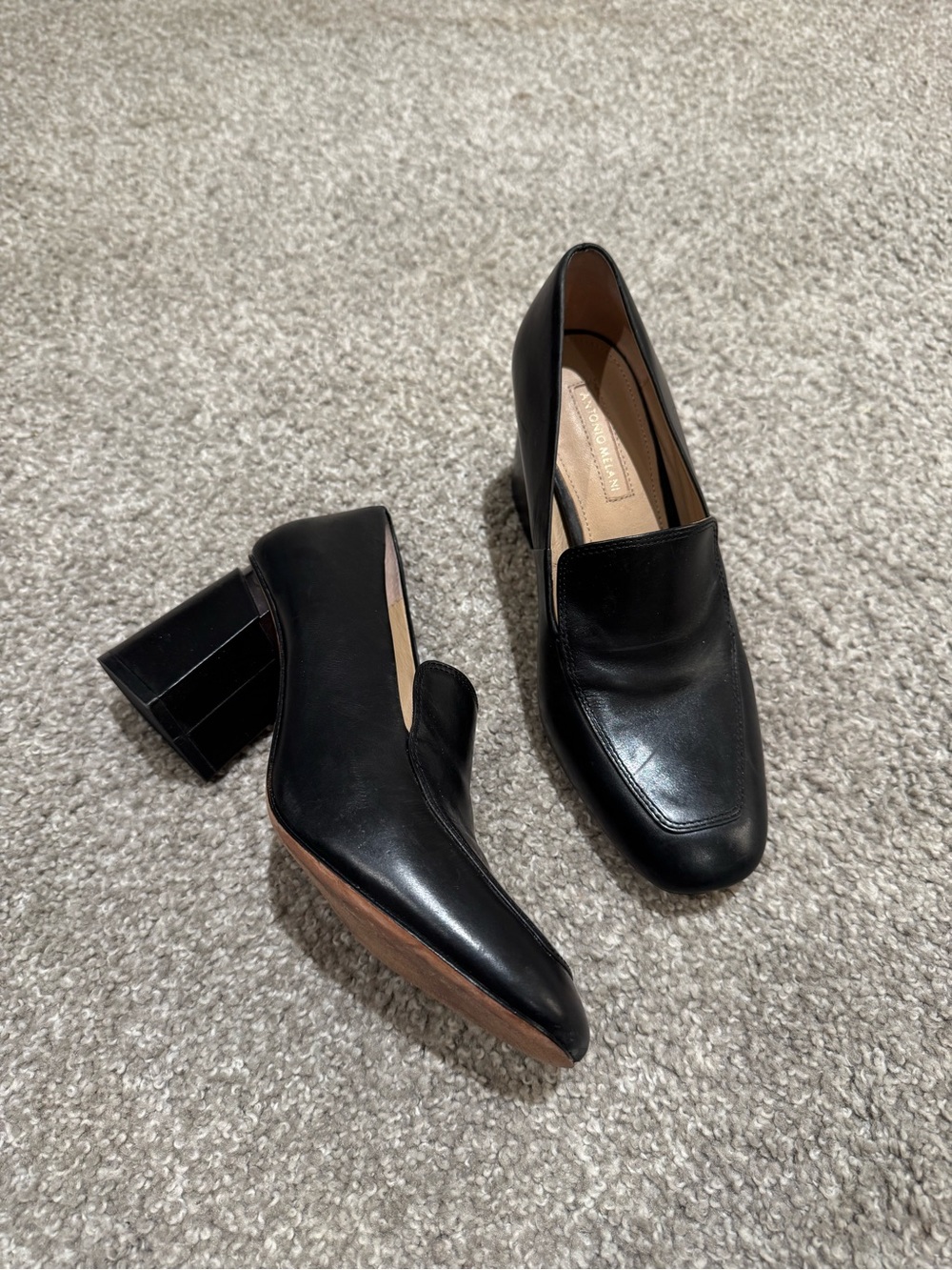 ANTONIO MELANI Black Leather Block Heel Loafers